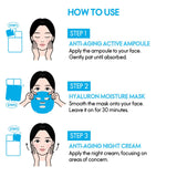 Korean ELLE Anti-Aging Hyaluron Moisture Mask 3-Step Care Kit - Hydrating Ampoule, Moisture-Boosting Mask, Night Cream - Deep Hydration, Skin Firming, Wrinkle Reduction, All Skin Types- 4 Packs