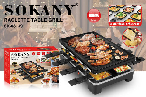 SOKANY Raclette Table Grill with 8 Non-Stick Individual Pans for Grilling Meat, Vegetables & Cheese Melting - 1600W