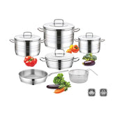 Saflon Stainless Steel Premium Cookware Set 10 Pieces Pots 20+24 +28 cm + 26cm Shallow Pot + 26cm Frypan + Stainless Steel Basket 22 cm