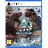 Game case for 'ARK: Survival Ascended' on PS5 with two dinosaurs facing each other.