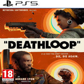 Promotional poster for 'Deathloop' game with two characters and a gun, featuring the PS5 logo and Bethesda Softworks branding.