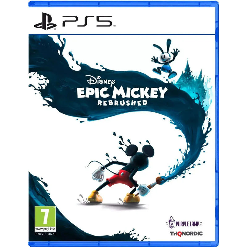 PlayStation 5 game disc for 'Disney Epic Mickey Rebrushed' with stylized Mickey Mouse design. PlayStation 5 game disc for 'Disney Epic Mickey Rebrushed' with stylized Mickey Mouse design.