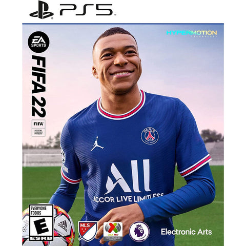 FIFA 22 game cover featuring a player in a blue jersey on a grass field.