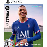 FIFA 22 game cover featuring a player in a blue jersey on a grass field.