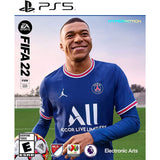 FIFA 22 game cover featuring a player in a blue jersey on a grass field.