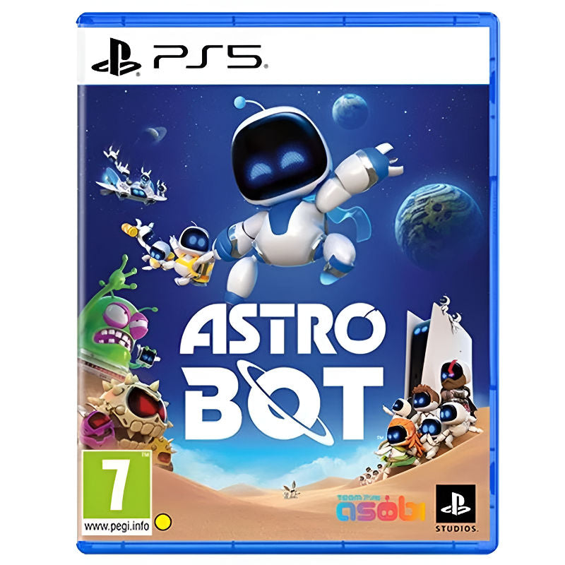 PlayStation 5 game disc for 'Astro Bot' with robot illustration on a blue background