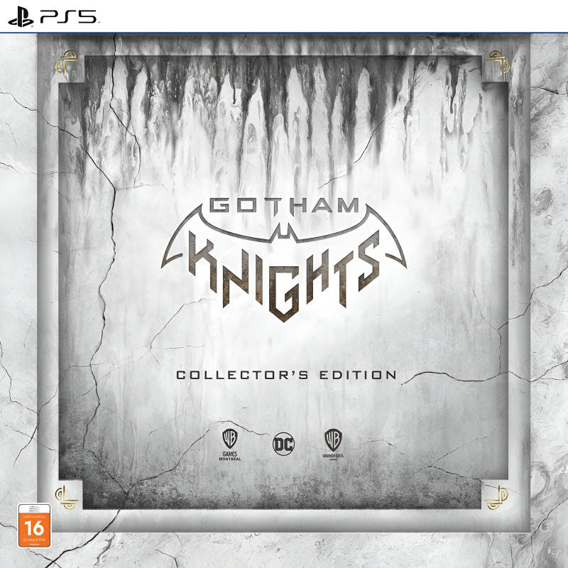 Gotham Knights Collector's Edition packaging with game title and logos on a textured background Gotham Knights Collector's Edition packaging with game title and logos on a textured background