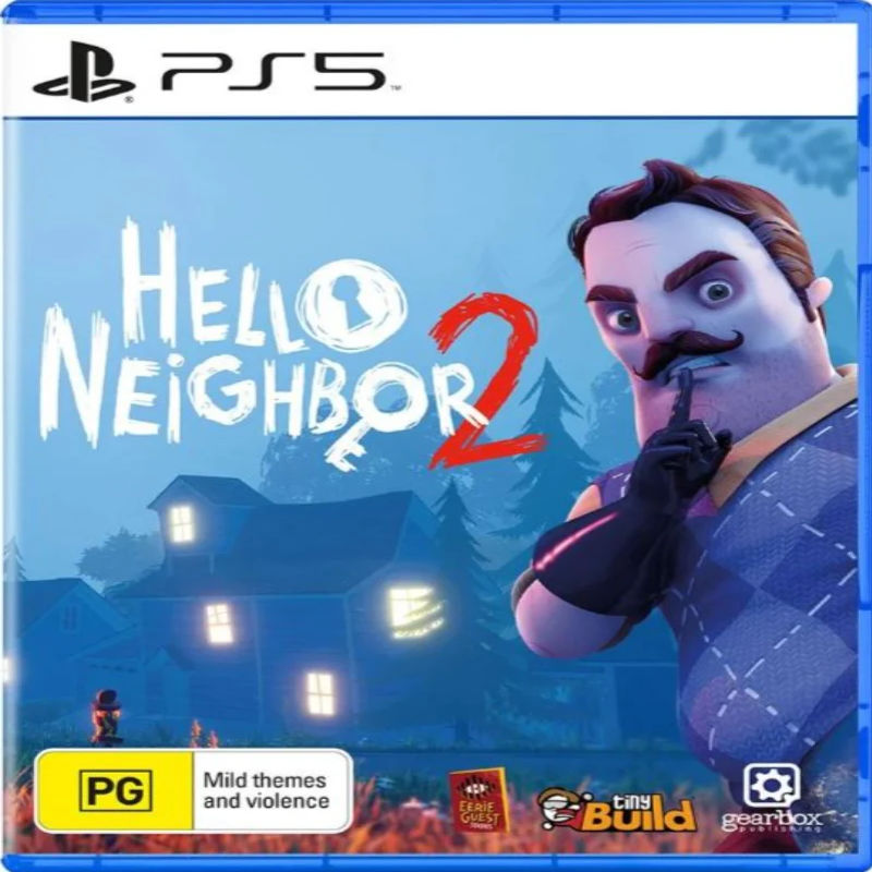 Game box for 'Hello Neighbor 2' on PS5 with a character and house illustration. Game box for 'Hello Neighbor 2' on PS5 with a character and house illustration.