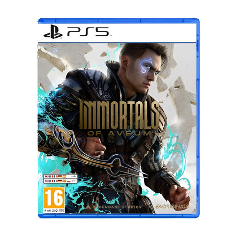 Game case for 'Immortals of Avenus' on PS5 with a character in armor and blue energy effects.