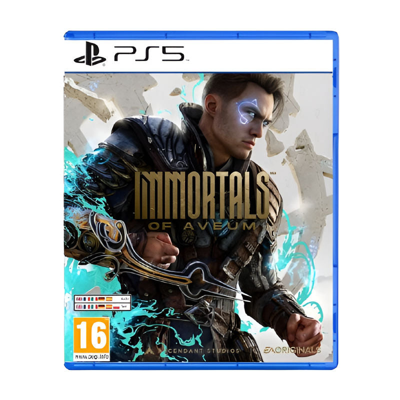 Game case for 'Immortals of Avenus' on PS5 with a character in armor and blue energy effects.