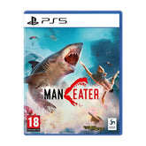 Game box for 'Man Eater' on PS5 with shark and human graphics.