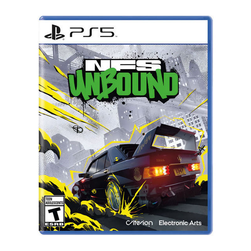 PlayStation 5 game case for 'NFS Unbound' with a car and cityscape design. PlayStation 5 game case for 'NFS Unbound' with a car and cityscape design.