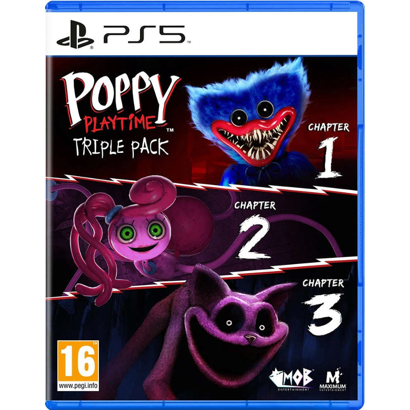 PlayStation 5 game case for 'Poppy Playtime Triple Pack' with three characters on a dark background. PlayStation 5 game case for 'Poppy Playtime Triple Pack' with three characters on a dark background.
