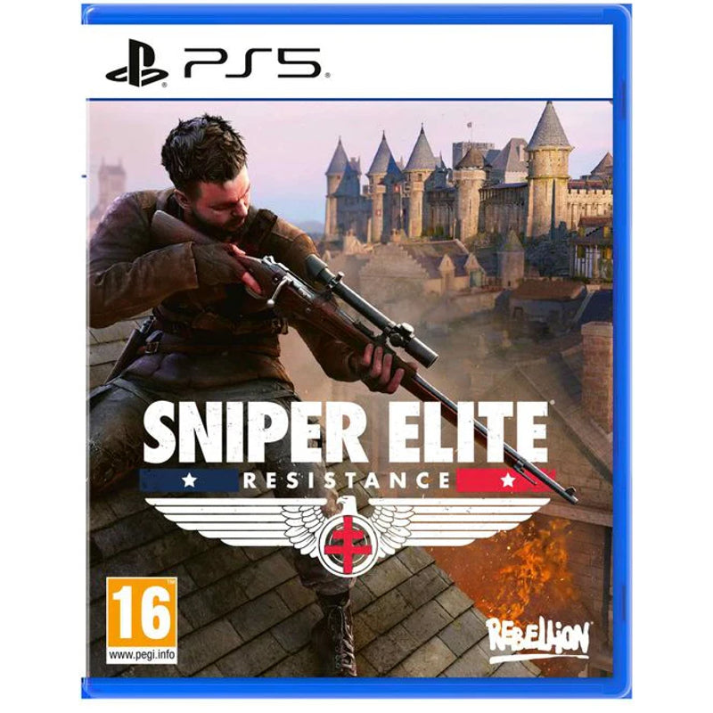 Sniper Elite Resistance game case for PS5 with a character holding a rifle and a castle in the background. Sniper Elite Resistance game case for PS5 with a character holding a rifle and a castle in the background.