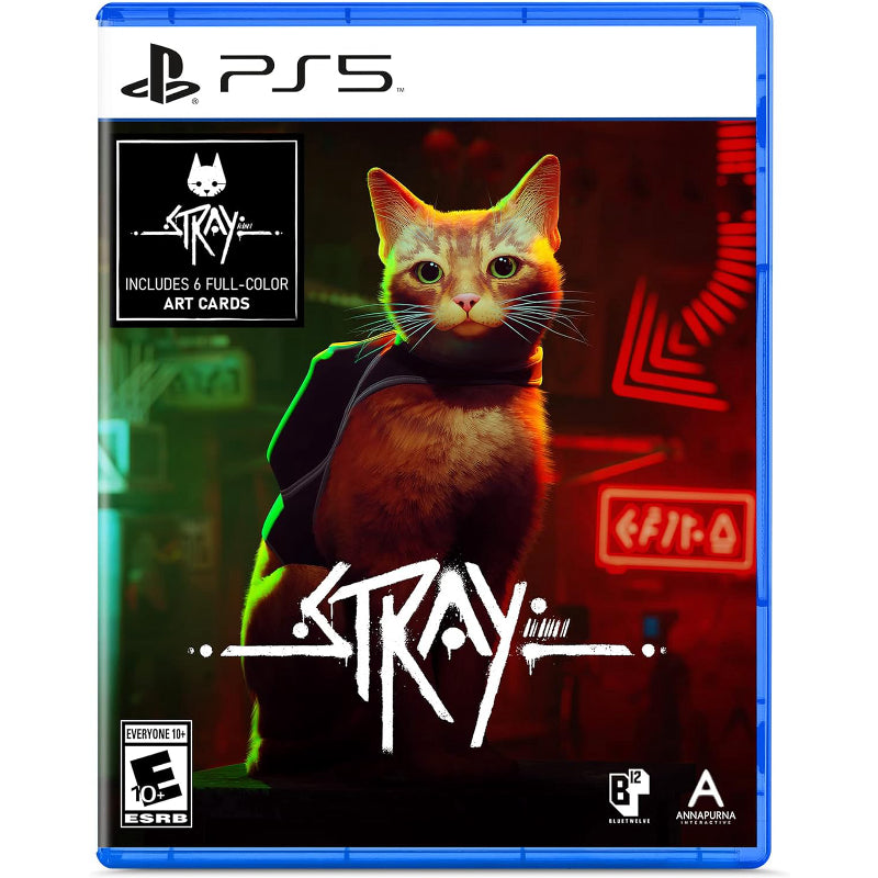 PlayStation 5 game case for 'Stray' with a cat character on the cover. PlayStation 5 game case for 'Stray' with a cat character on the cover.