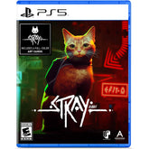 PlayStation 5 game case for 'Stray' with a cat character on the cover.