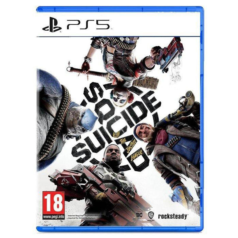 PlayStation 5 game disc cover for 'Suicide Squad' with characters and branding. PlayStation 5 game disc cover for 'Suicide Squad' with characters and branding.