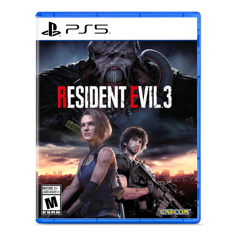 PlayStation 5 game case for 'Resident Evil 3' featuring characters and Capcom logo. PlayStation 5 game case for 'Resident Evil 3' featuring characters and Capcom logo.