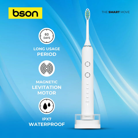 BSON Wireless Sonic Toothbrush - Bson Super Sonic Toothbrush, Ultra Whitening Toothbrush with 15 Modes, 30 Days Long Usage Period, 5 Cleaning Modes, 3 Intensity Modes, 3 Extra Brush Heads, IPX7 Waterproof, and Type-C Charging