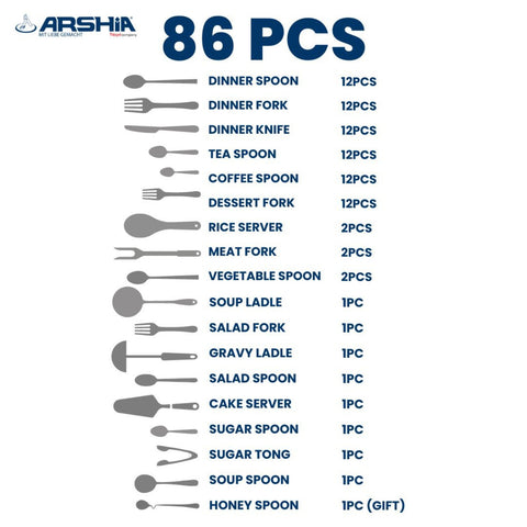 Arshia TM287S-3091, 86-Piece Silver Cutlery Set – Premium Stainless Steel