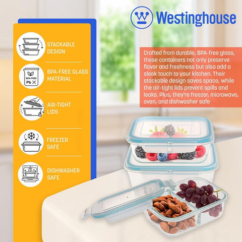 Westinghouse, 3-Piece Glass Food Storage Container Set - Airtight Lids - 1050ml Each