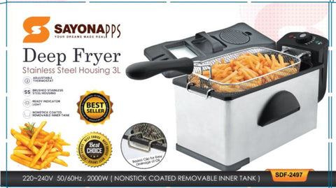 SAYONA 3L Stainless Steel Deep Fryer with Adjustable Thermostat & Removable Nonstick Tank - 2000W