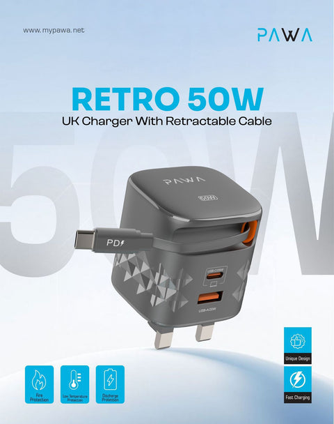 Buy Pawa Retro 50W UK Charger with Type-C Retractable Cable - Black Online in Be3ah Kuwait