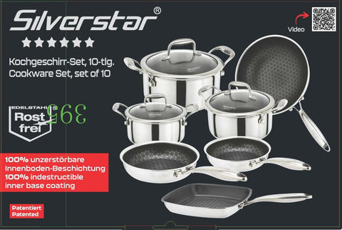 Silverstar 18/10 Stainless Steel 10 PCS Cooking Set Casserole With Glass Lid 28+24+20 cm + Frypan 24+20 cm + Grill Pan 26 CM + Wok Pan 28 cm