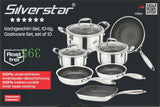 Silverstar 18/10 Stainless Steel 10 PCS Cooking Set Casserole With Glass Lid 28+24+20 cm + Frypan 24+20 cm + Grill Pan 26 CM + Wok Pan 28 cm