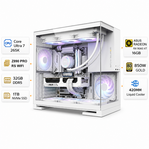 تجميعة كمبيوتر ألعاب قيمنق (Intel Core Ultra 7 265K, Asus RX 9060 XT 16GB) – رام 32 جيجابايت DDR5، هارد 1 تيرا بايت NVMe، مع نظام Windows 11 Pro