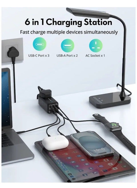 RP-PC1062 70W Power Strip 5 Ports With AC Power UK Socket 1.5M+ Travel Charger Combo - Black