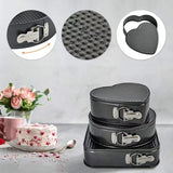 3-Piece Carbon Steel Springform Cake Mould Set with Removable Bases & Quick-Release Buckles – Round, Square & Heart Shape