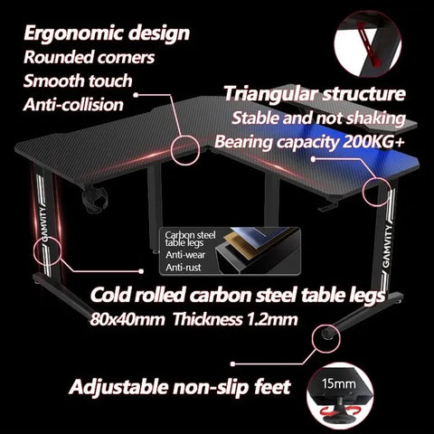 Gamvity Gaming Corner Modern L-Shaped Computer Desk (140/130×60×73cm) - Black