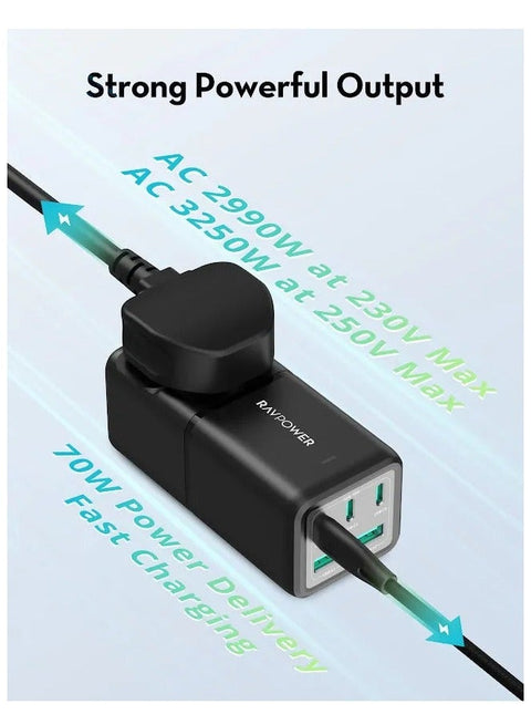 RP-PC1062 70W Power Strip 5 Ports With AC Power UK Socket 1.5M+ Travel Charger Combo - Black