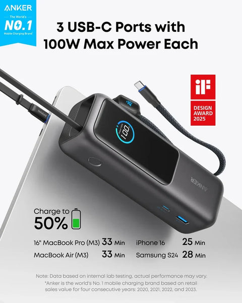 Anker Laptop Power Bank (25K, 165W, Built-In and Retractable Cables) - Black