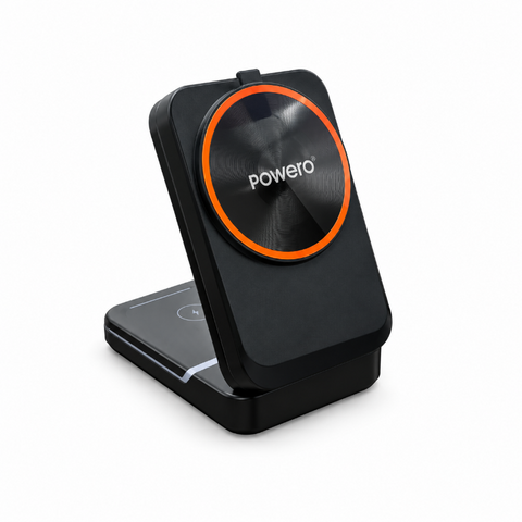 محطة الشحن اللاسلكي Powero Plus Fold بقدرة 15W وبتصميم 3 في 1 - أسود