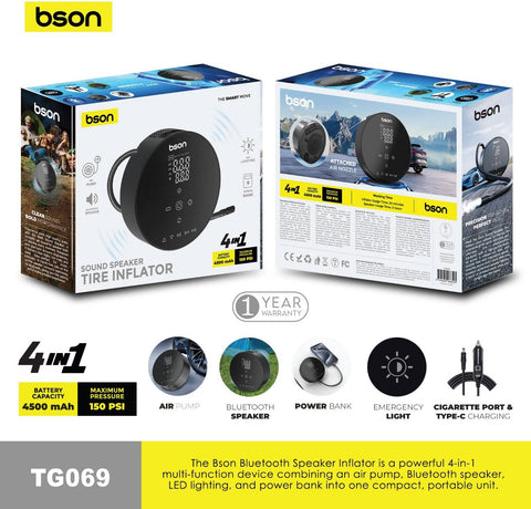Bson 4-in-1 Multi-Function Device Bluetooth Speaker Inflator, LED Lighting, Power Bank Function, Built-in Bluetooth Speaker, Compact & Portable Design, Black | TG069