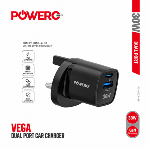 شاحن Powero+ Vega بتقنية GaN ومنفذين بقدرة 30W - أسود