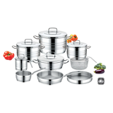 Saflon Stainless Steel Premium Cookware Set 14 Pieces Pots 20+24 +28 cm + 26cm Shallow Pot + 24cm Frypan + Suace Pan 18 cm + Milk Pot + Tray 26 + Stainless Steel Basket 22 cm