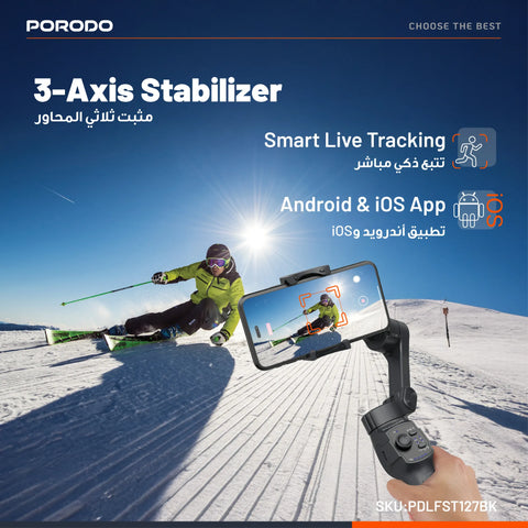 Porodo 3-Axis Gimbal Stabilizer with Magnetic Fill Light, Smart Tracking & 3600mAh - Black