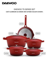 Daewoo TS Series Granite Cooking Set of 9 Pcs (32, 28, 24 cm Pot, 28 cm Pan, 28 cm Casserole) with 4 Pcs Silicone Pot Handle - Red