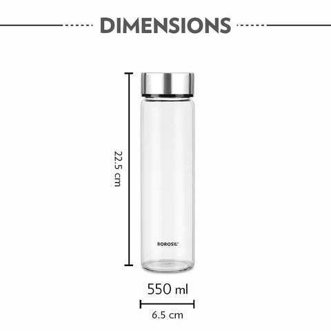 Borosil Neo 550ml Clear Borosilicate Glass Water Bottle, Scratch Resistant Airtight Leakproof Refrigerator Safe Dishwasher Safe Bottle for Water, Juice and Infused Drinks