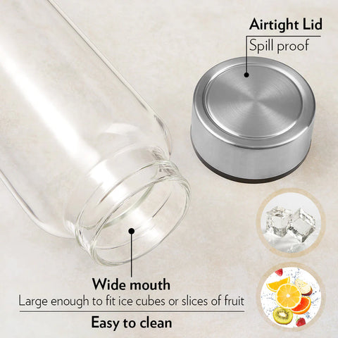 Borosil Neo 550ml Clear Borosilicate Glass Water Bottle, Scratch Resistant Airtight Leakproof Refrigerator Safe Dishwasher Safe Bottle for Water, Juice and Infused Drinks