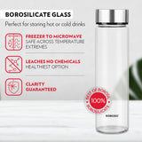Borosil Neo 550ml Clear Borosilicate Glass Water Bottle, Scratch Resistant Airtight Leakproof Refrigerator Safe Dishwasher Safe Bottle for Water, Juice and Infused Drinks