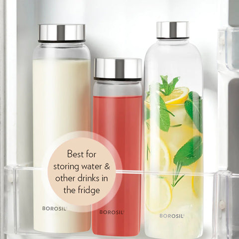 Borosil Neo 550ml Clear Borosilicate Glass Water Bottle, Scratch Resistant Airtight Leakproof Refrigerator Safe Dishwasher Safe Bottle for Water, Juice and Infused Drinks