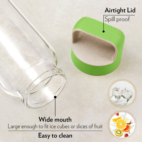 Borosil Borosilicate Glass Water Bottle with Leakproof Airtight Lid, Fridge Safe Wide Mouth Clear Bottle
