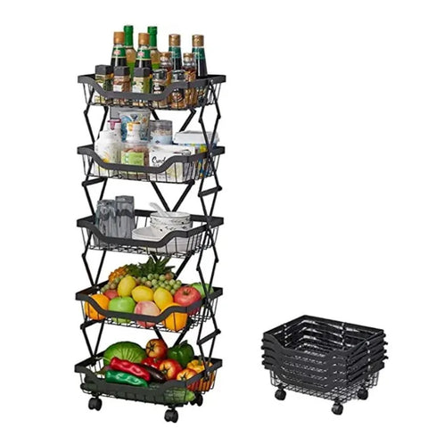 5 Layer Adjustable Foldable Movable Storage Rack with 360° Rolling Wheels & Mesh Baskets for Kitchen Organization