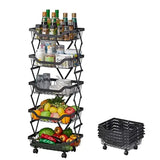 5 Layer Adjustable Foldable Movable Storage Rack with 360° Rolling Wheels & Mesh Baskets for Kitchen Organization