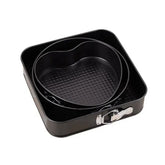 3-Piece Carbon Steel Springform Cake Mould Set with Removable Bases & Quick-Release Buckles – Round, Square & Heart Shape