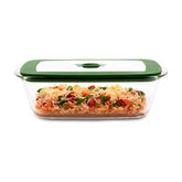 Borosil Rectangular Borosilicate Glass Storage and Baking Dish with Green Lid – 2.6 L